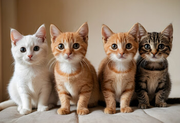 Four adorable kittens posing on a blanket