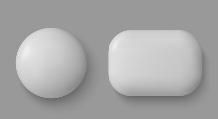 Vector 3d Realistic Round and Square White Button Pin Badge, Plastic Blank Empty Button Badge Set Isolated - Front View. . Glossy Brooch Pin.Template for Branding, Mock-up