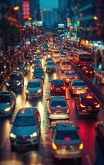 A busy city street with cars and buses driving down the road. The street is wet and the cars are moving slowly