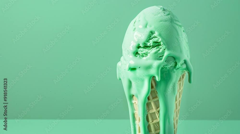 Wall mural Close up of trendy modern mint green matcha green tea melting ice cream scoop isolated on pastel green background with copy space, fashion summer green background web banner advertisement card.