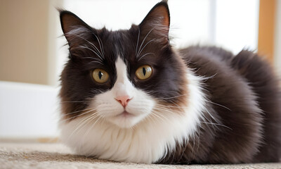 Bicolor cat with intense gaze relaxing on carpet