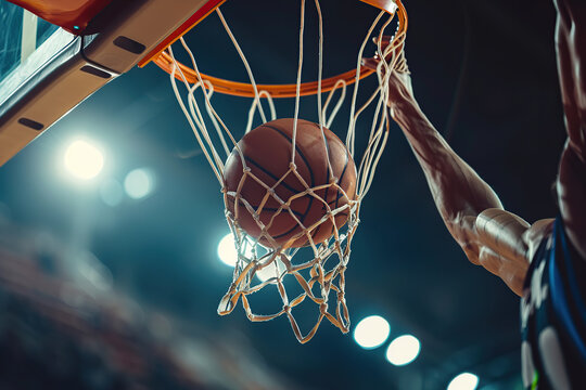 Basketball ball falling into the basketball hoop on basketball arena