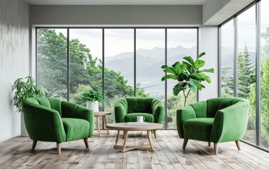 A living room with a green couch and a green chair. The room has a mountain view and a potted plant