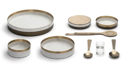  A variety of kitchen utensils are displayed on a white surface, featuring a pan, measuring spoons, measuring cup, and glass