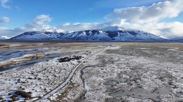 Patagonia Skyline At El Calafate Santa Cruz Argentina. Amazing Countryside Scenery Near Farm And Forest Trees. Outdoor Travel Destination Patagonia Glacier. Outdooraerial View Floresta.