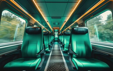 A train with green seats and a yellow light on the ceiling. The train is moving and the windows are open
