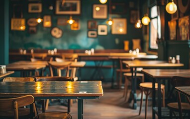 A restaurant with a lot of tables and chairs. The tables are empty and the chairs are arranged around them. The atmosphere is casual and inviting