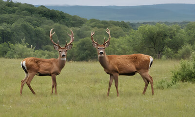 Two majestic deers standing on grass field