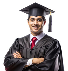 Smiling male graduate in black cap and gown with arms crossed isolated on transparent background