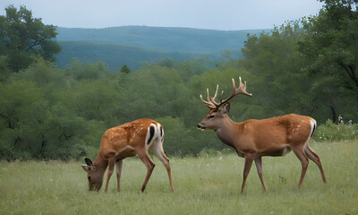 Naklejka premium Majestic stag and doe grazing in summer meadow