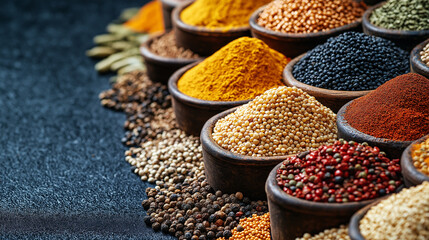 A market stall filled with spices and grains, with vibrant colors and textures, representing the variety of global cuisine, with copy space