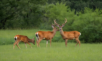 Fototapeta premium White-tailed deer family grazing in summer meadow