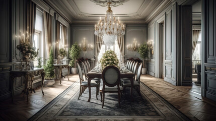 Fototapeta premium Classically-styled formal dining room with a large chandelier