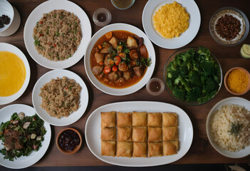 Dishes with prepared food sitting on a wooden table