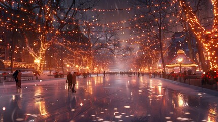 Fototapeta premium Winter Wonderland Ice Skating Rink with Festive Holiday Decor and Skaters Gliding on Ice under Sparkling Lights