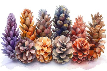 Fototapeta premium Watercolor illustration of pine cones in pastel tones on white background