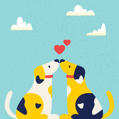 Couple Dogs Love. Flat Style Vector Illustration. Two pets siting outside. Blue sky.