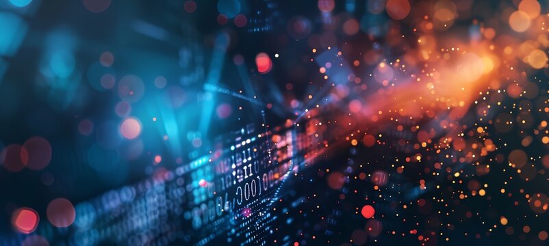 A colorful image of a computer screen with a lot of numbers and letters. The image has a futuristic and technological vibe