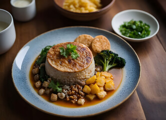 Round rice cake dish being served with side dishes