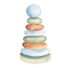 Wooden Pyramid. Eco baby toy. Watercolor hand drawn illustration in blue, green and beige tones isolated on white background. Clip art for kids goods, kid's shop, baby shower invitations and newborn