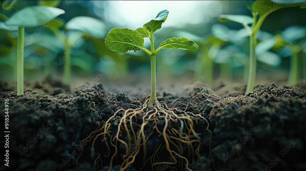 Poster a seed growing in good soil, scene from underground view, viewing the roots and everything above gro
