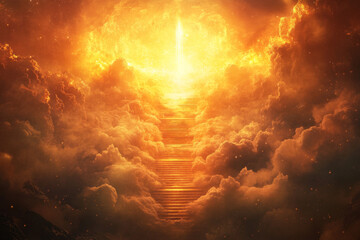 clouds with stairs leading up to it, glowing light