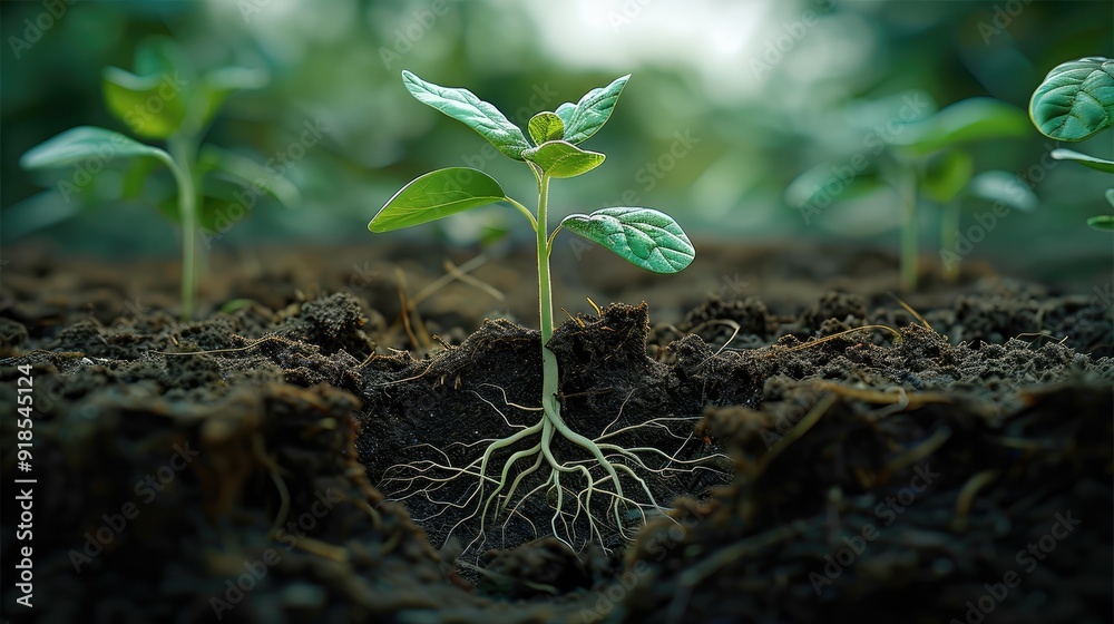Poster a seed growing in good soil, scene from underground view, viewing the roots and everything above gro