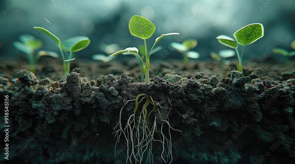 Poster a seed growing in good soil, scene from underground view, viewing the roots and everything above gro