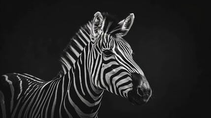 Fototapeta premium A monochrome picture of a zebra with its head tilted to the side against a dark backdrop