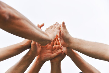 Man's hands up claps together business team or sport team support concept.
