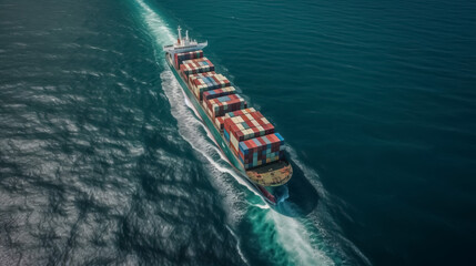 Aerial top view of cargo ship with contrail in the ocean sea