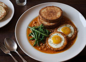 Eggs surrounded by rice and tomato sauce served with green beans and slices of bread