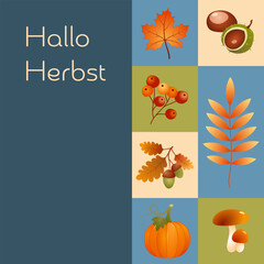 Hallo Herbst - Schriftzug in deutscher Sprache. Quadratische Karte mit Kürbis, Beeren, Kastanien, Eicheln, Ahornblatt und Pilzen. © Artlanes