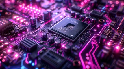 Obraz premium Futuristic microchip with neon pink lighting - generative ai