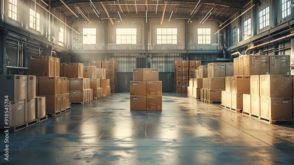 Aufkleber warehouse with boxes, shelves, a boxes in factory storage items. generative ai.