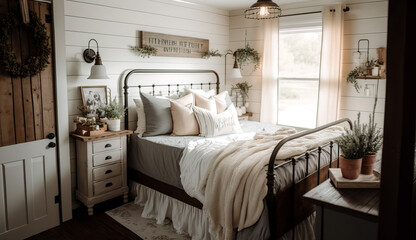 Beautiful farmhouse style bedroom interior