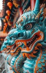Fototapeta premium Two blue dragon heads with orange accents. The blue dragon is larger than the other
