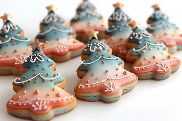 Christmas tree-shaped cookies decorated with pastel icing on white background