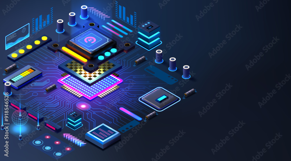 Poster Semiconductor hardware. Computer motherboard chip. CPU microchip components of circuit technology. Electronic processor. Cyber engineering. PC microprocessor. Vector design background