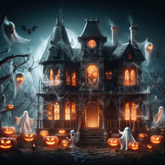 Halloween theme. A spooky haunted house with broken windows.