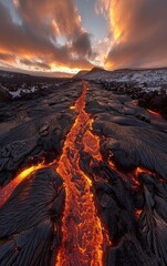 Fototapeta premium A lava flow is seen in the distance, with the sun setting in the background. The scene is both beautiful and dangerous, as the lava is hot and can cause harm to anyone who comes too close