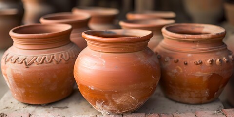A row of brown clay pots sit on a brick surface. The pots are of various sizes and shapes, and they appear to be old and worn. Concept of nostalgia and history