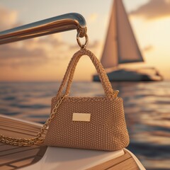 fashionable handbag , prominently displayed on a deck of a yacht against a serene, sunset-lit seascape with a sailboat in the background. The bag features a woven, natural straw-like material