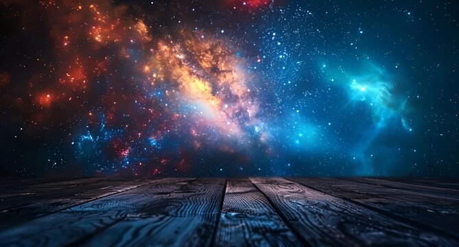 a room with a wooden floor and a large galaxy in the background with stars