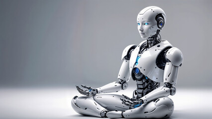 An advanced humanoid robot in a meditative pose, symbolizing the harmonious blend of technology and mindfulness, High resolution photography, high quality, high detail, hyper realistic, studio photogr