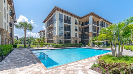 Fototapeta premium a large swimming pool next to a building with a palm tree in the foreground and a lawn area with chairs and tables..