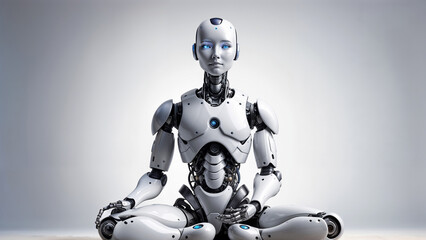 Fototapeta premium An advanced humanoid robot in a meditative pose, symbolizing the harmonious blend of technology and mindfulness, High resolution photography, high quality, high detail, hyper realistic, studio photogr