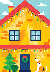 Yellow Holiday House brick. Vector Flat Style Illustration of Christmas Home wih Dog. Blue Sky.