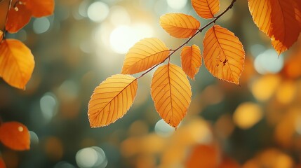 a branch with yellow leaves in the sunlight with blurry background of trees