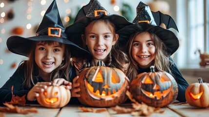 Fototapeta premium three girls in witches hats are posing for a picture with pumpkins on a table